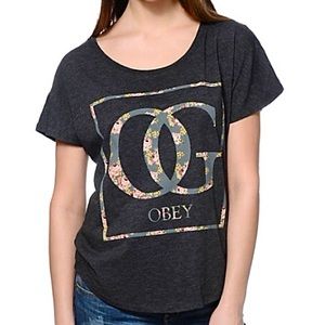EUC Obey OG Floral Logo Oversized Charcoal Gray Top S